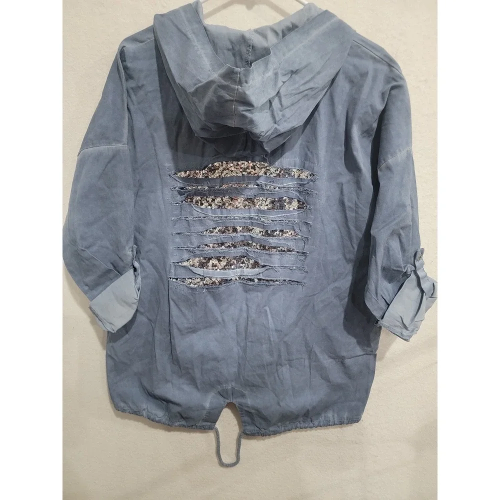 SIRELY'S Couture‎ Italy Blue Shredded Sequin Back Hood Jacket Boho Lagenlook OS